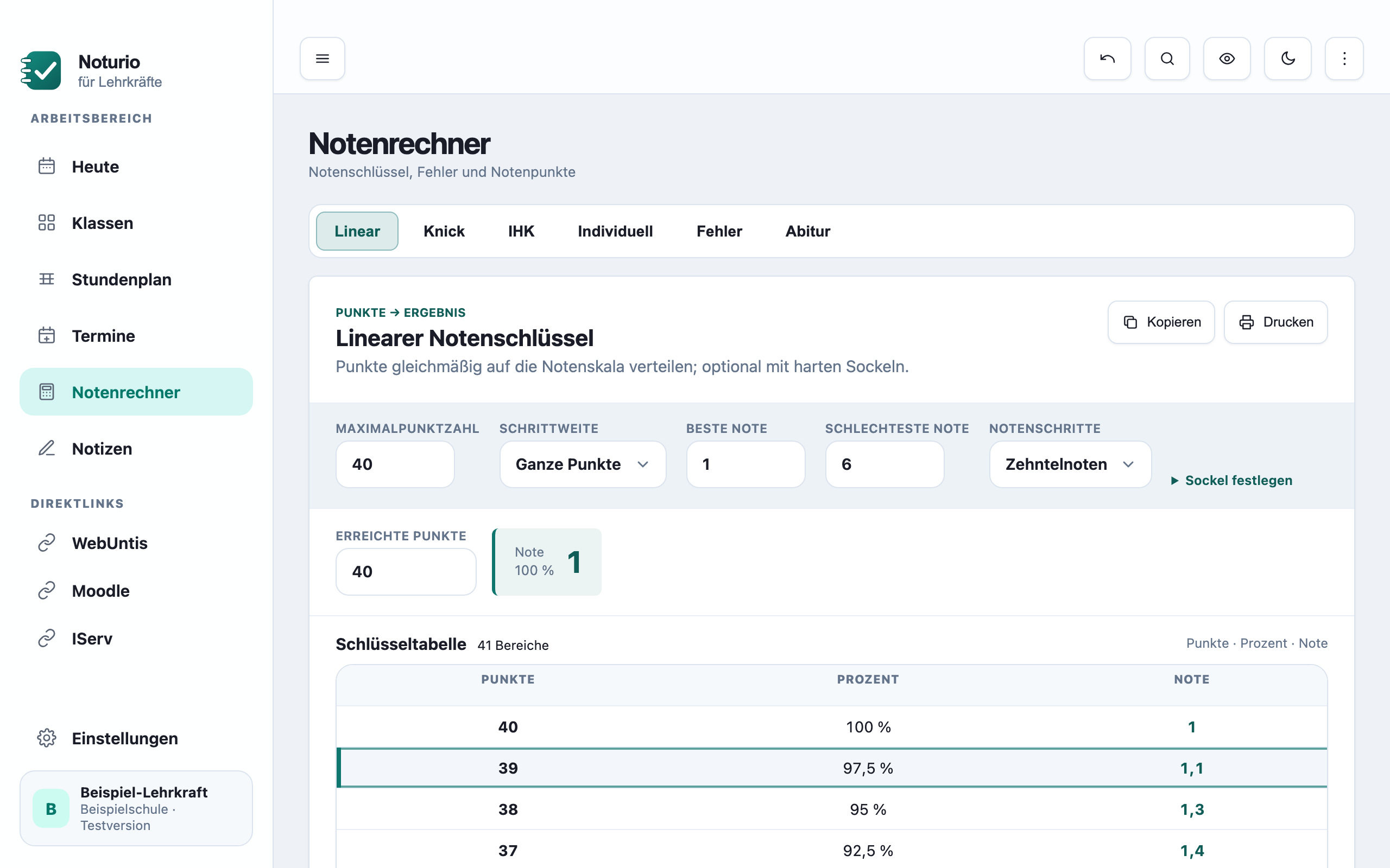 Notenrechner mit linearer Schluesseltabelle